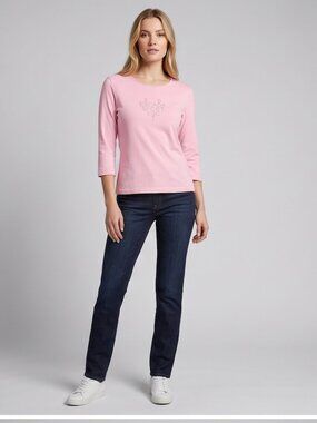 Escada Sport Vintage Pink Bling Logo Tee | Rhinestone Heart Graphic Top | Size L